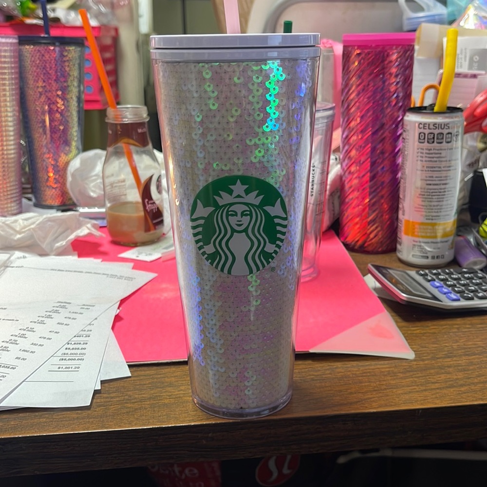 Starbucks White Sequin Cold Straw Tumbler